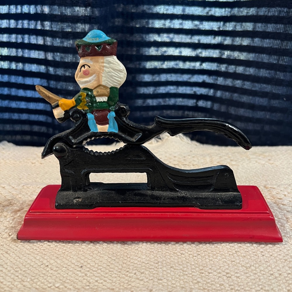 Vintage Cast Iron Nutcracker on Red‎ Wood Base Hand Painted Decor